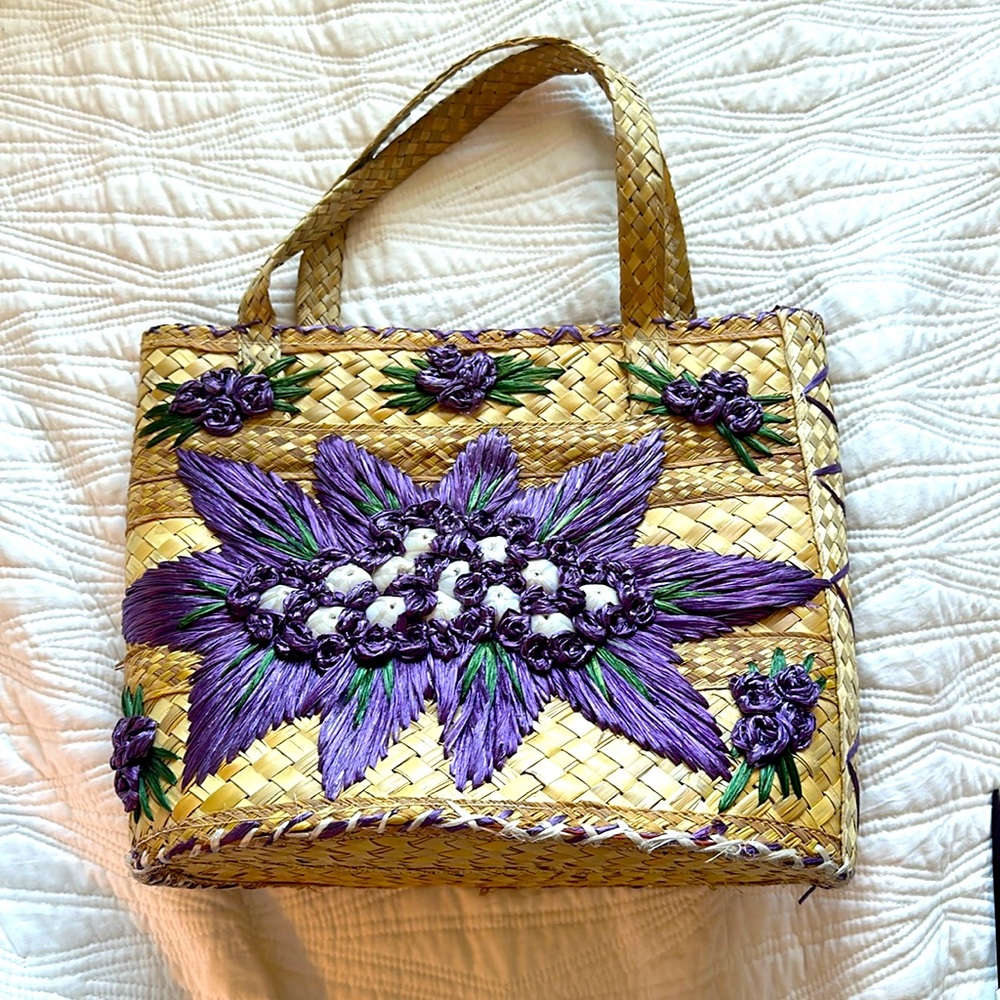 Vintage woven straw tote with purple woven flowers